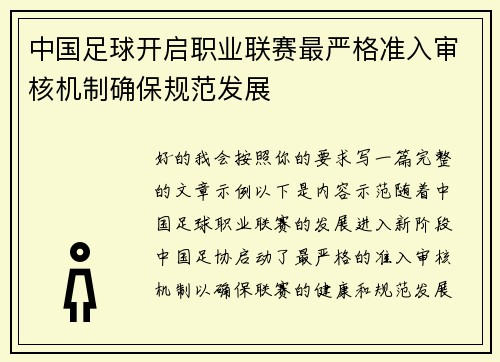 中国足球开启职业联赛最严格准入审核机制确保规范发展