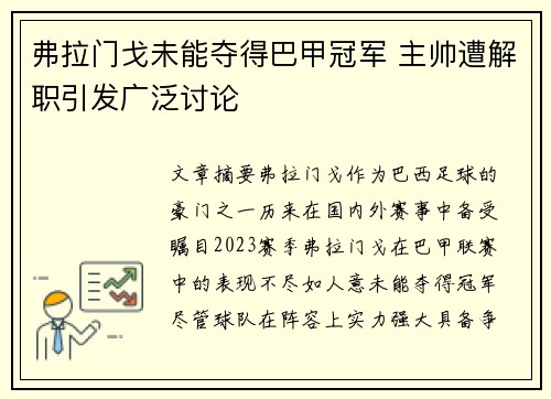 弗拉门戈未能夺得巴甲冠军 主帅遭解职引发广泛讨论
